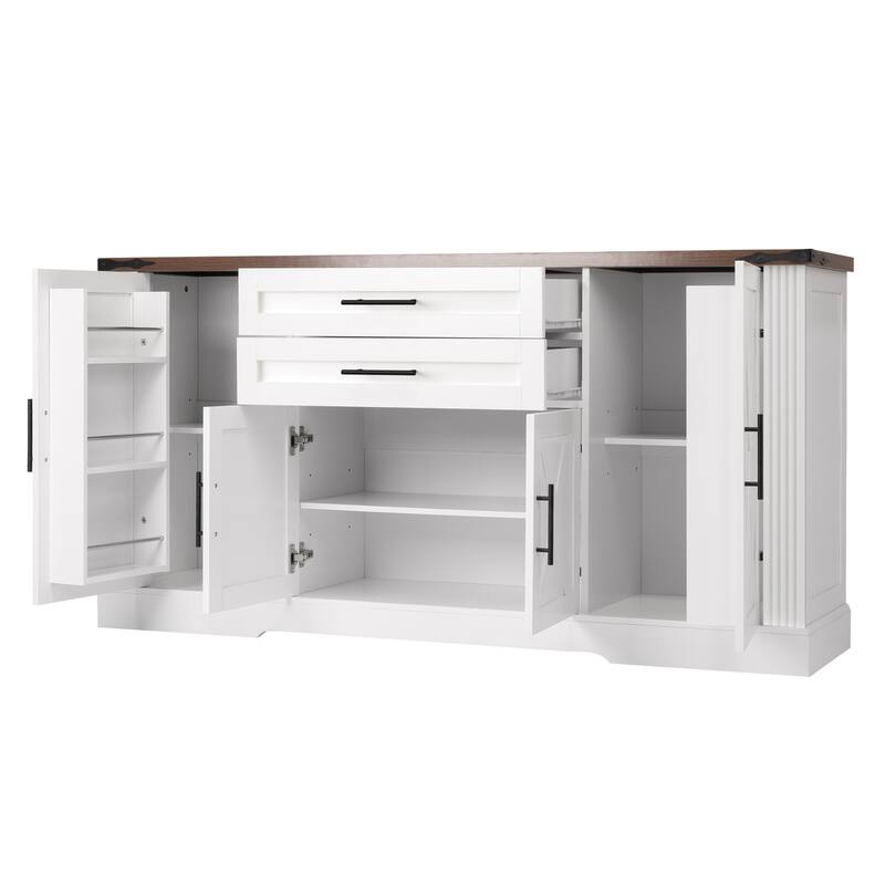 Coffee Bar Cabinet with Barn Doors & Drawers, Sideboard with Adjustable Shelves & Door Rack, Large Kitchen Storage Cabinet