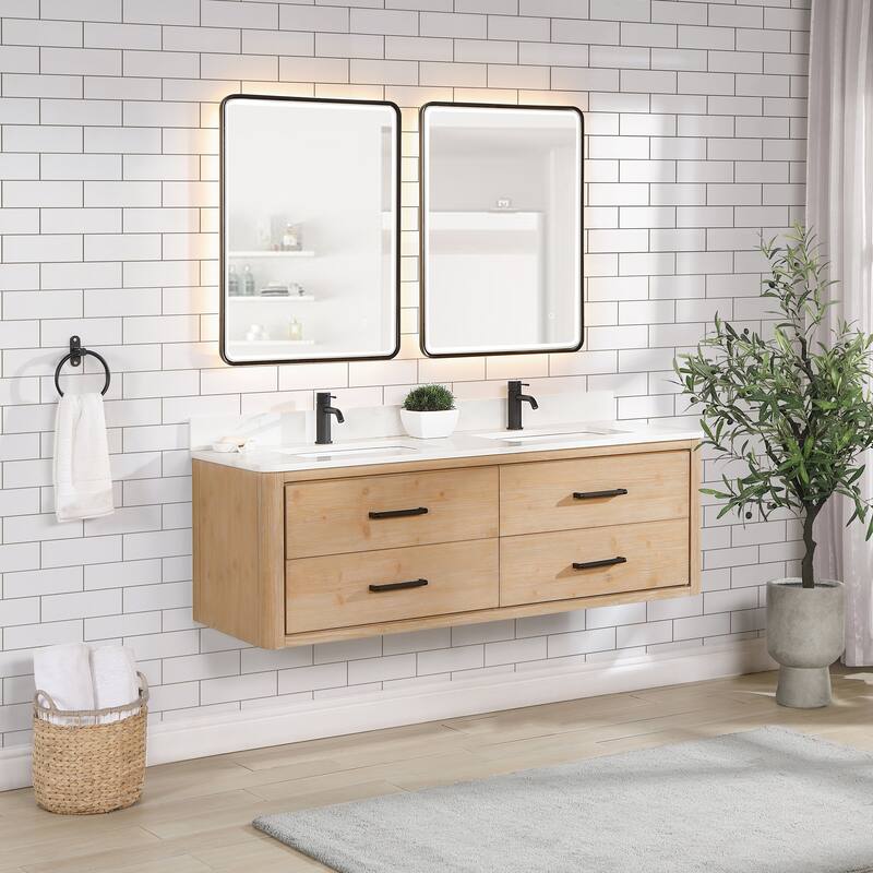 Cristo Floating Bath Vanity with White Quartz Stone Top and Mirror