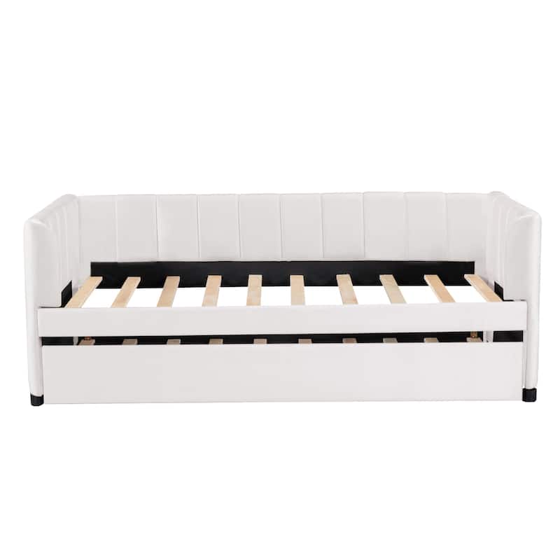 Ergonomic Twin Size Upholstered Daybed with Trundle, Beige