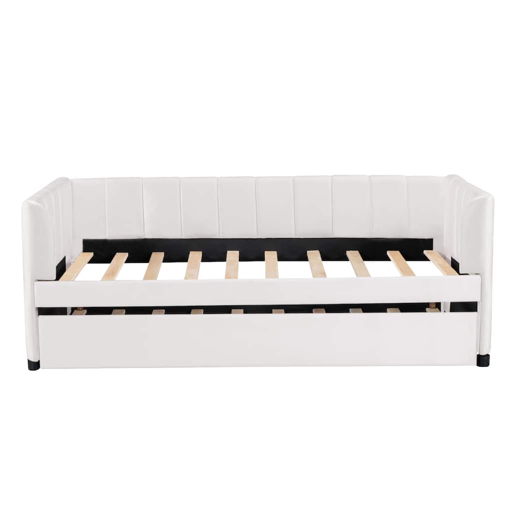Twin Size Daybed Velvet Upholstered Sofa Bed with Trundle, Wood Platform Slat Support Bed Frame, Striped Tufted Backrest,Beige