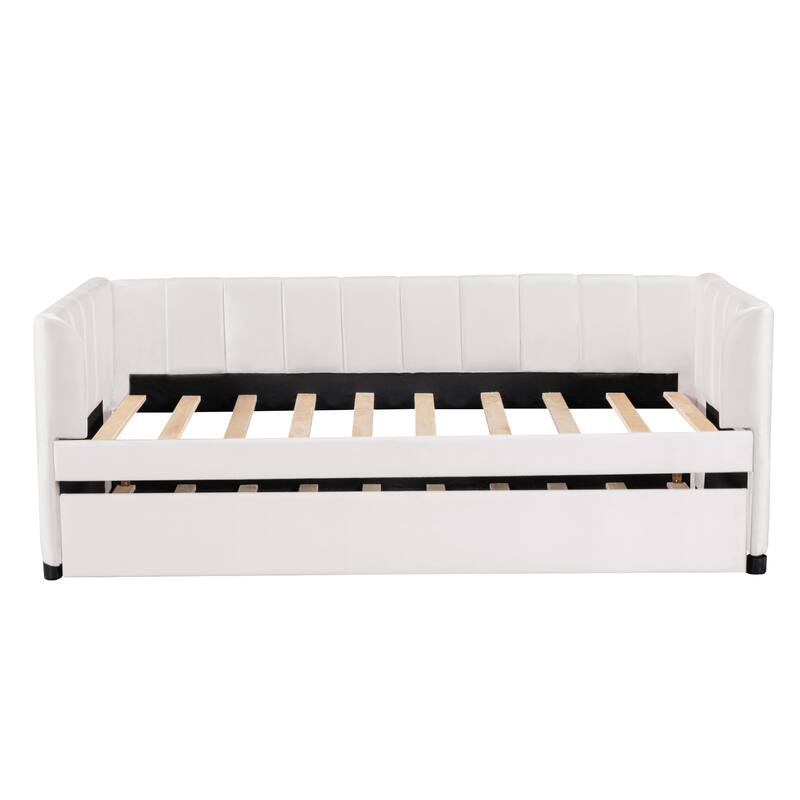 Twin Size Stylish Velvet Upholstered Daybed Ergonomic Design Backrest Daybed with Trundle Bed Wood Slat Support, Beige