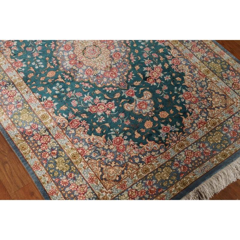 Floral Qum Persian Accent Rug Hand-Knotted Traditional Silk Carpet - 3'5"x 4'10"