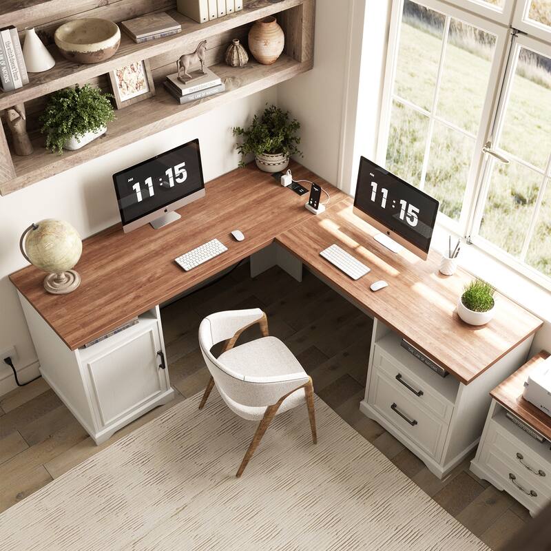 French Country L Shaped Desk with Charging Station, Office Computer Table with File Cabinet