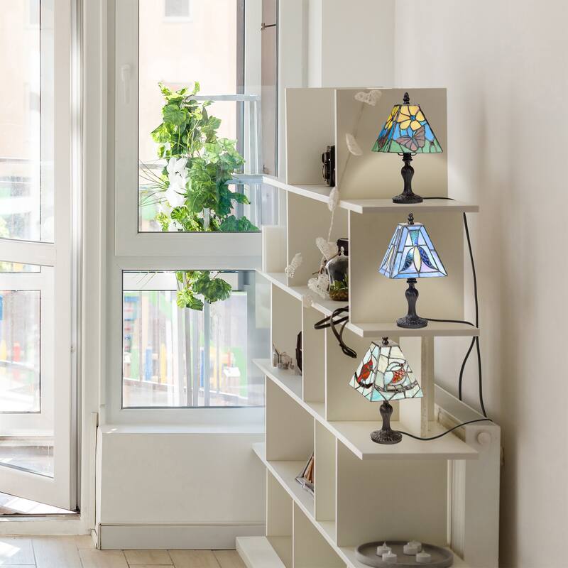 Zola River of Goods Polyresin and Stained Glass Square Shade 12-Inch Accent Lamp Set of Five - 6" x 6" x 12"