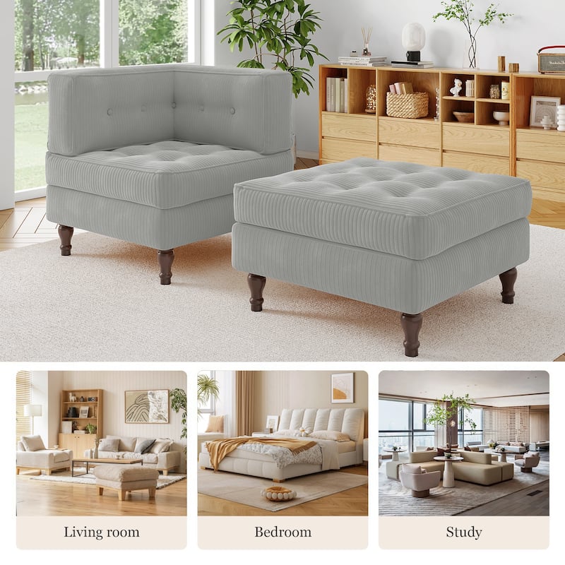 Corduroy L-shape Modular Corner Sectional Sofa with Reversible Storage Ottoman