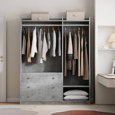 Open Wooden Wardrobe Closet with Dual Hanging Rods for Hanging Clothes, Open Armoires Clothes Organizer with 3 Drawers & Shelves