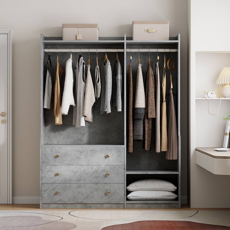 Wooden Open Wardrobe Storage Clothes Storage Cabinet with Dual Hanging Rods and Five Shelves Armoire for Bedroom