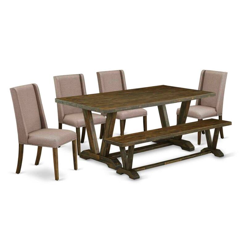 Modern 6-Piece Dining Set - Linen Fabric Chairs, Bench & Rectangular Table