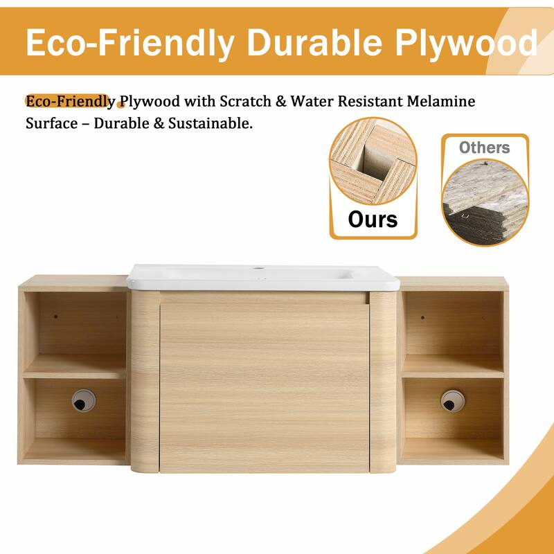Malwee 28"/40"/52"/68" Floating Bathroom Vanity, Wall Mounted Bathroom Vanity with Ceramic Sink,Soft Close Door and Shelf
