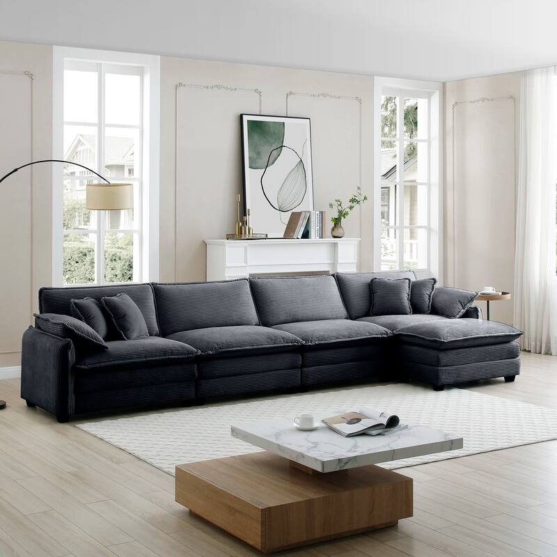 Grey 5-piece Corduroy L-Shaped Modular Sectional Sofa with Ottoman