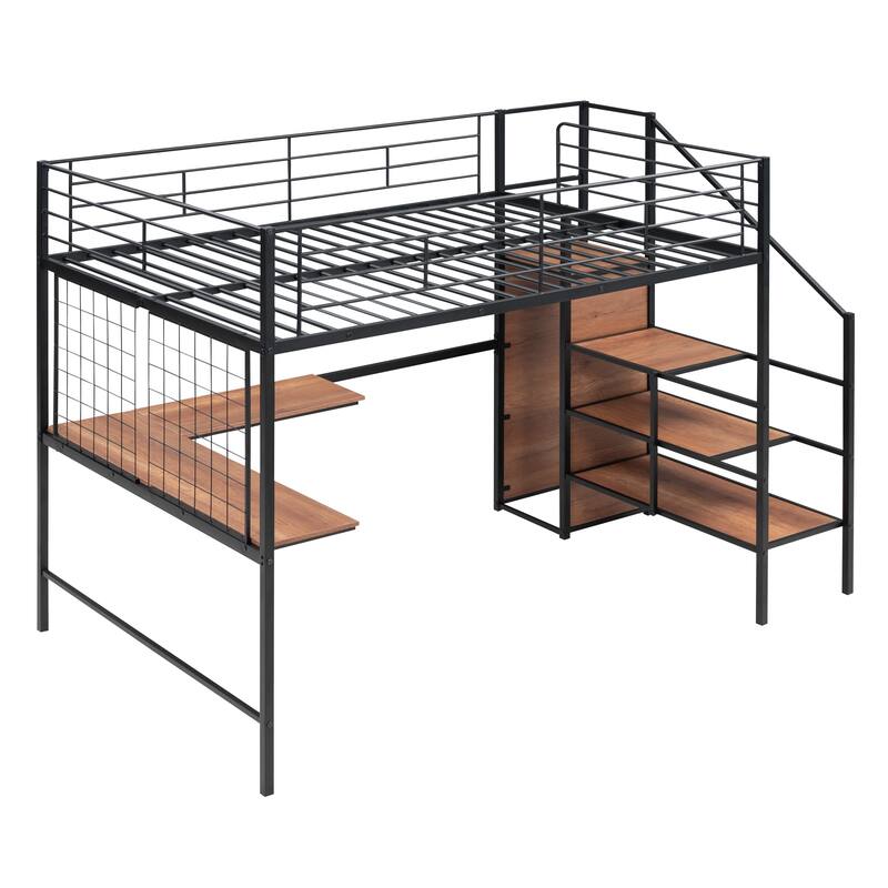 Full Size Metal Loft Bed with Desk and, Stylish Metal Frame with Lateral Storage Ladder and Wardrobe, Black