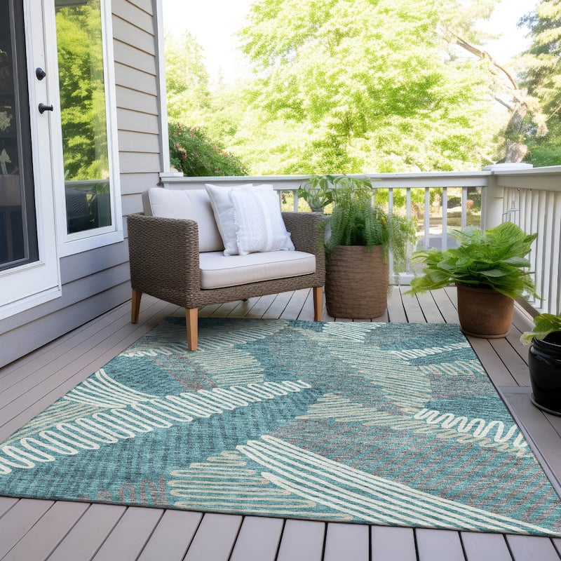 Machine Washable Indoor/ Outdoor Chantille Contemporary Squiggles Rug - Teal - 9' x 12'