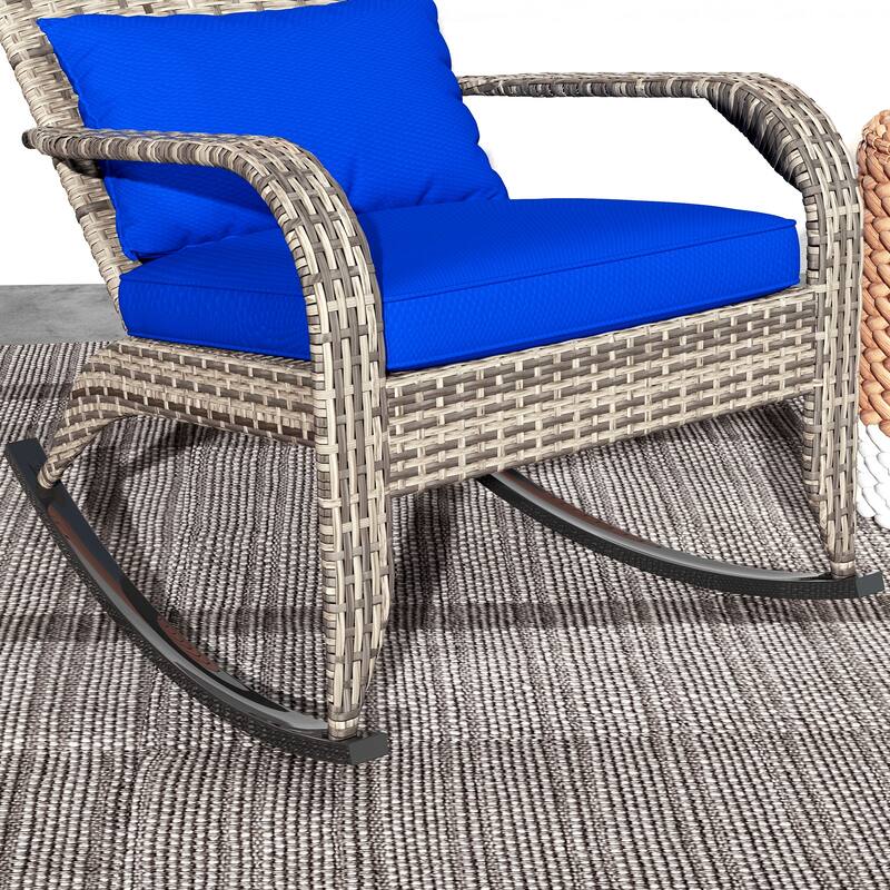 Outsunny Outdoor Wicker Adirondack Rocking Chair, Patio Rattan Rocker Chair with High Back, Seat Cushion, and Pillow for Garden