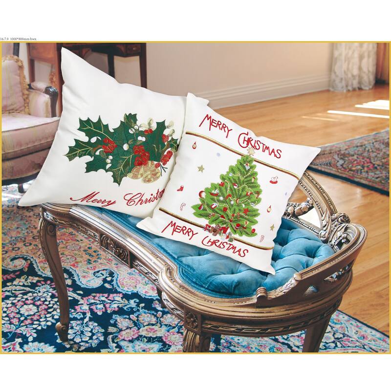 Violet Linen Embroidered Merry Christmas With Applique Christmas Tree Holly & Berries Pattern Decorative Cushion Cover