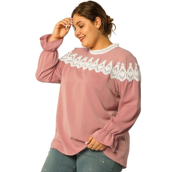 Misbruge barriere fjendtlighed Women's Plus Size Mesh Top Office Puff Sleeve Lace Blouse - Pink -  Overstock - 29757078