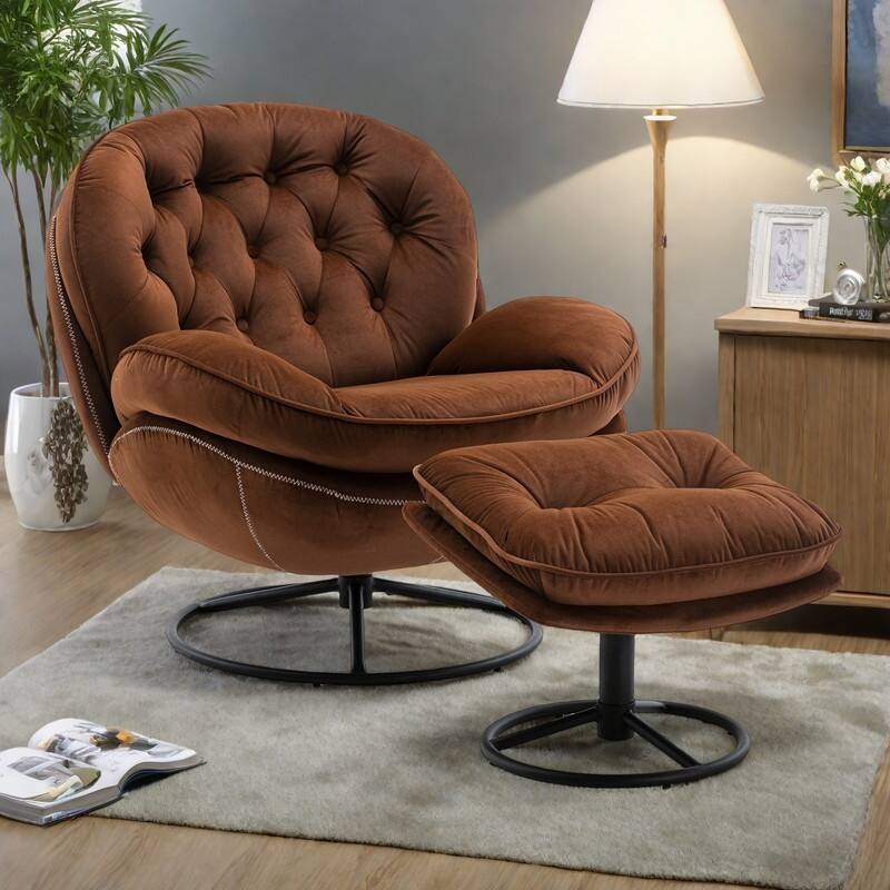 Velvet Swivel Accent Chair 360° Rotating Lounge Chair with Ottoman and Metal Legs