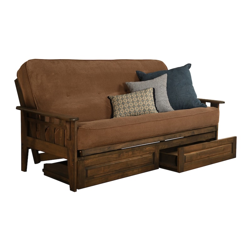 Somette Tucson Full Size Futon Set in Rustic Walnut Finish with Storage Drawers and Mattress