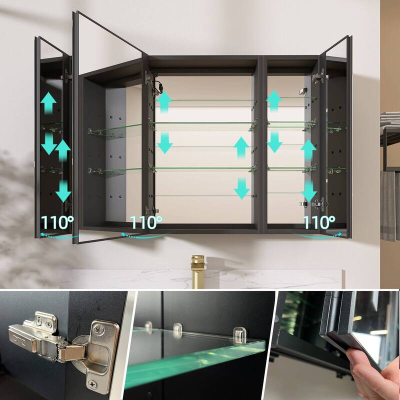 ZEAFIVE LED Black Bathroom Medicine Cabinet Surface Mount Defog Medicine Cabinet 3 Lights Dimmable