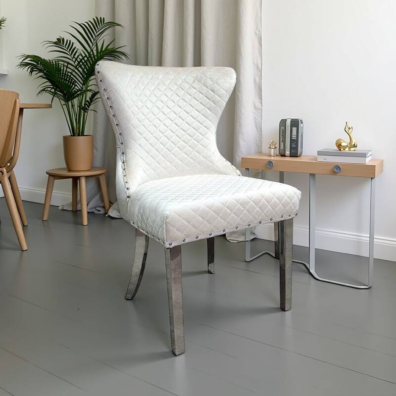 Anova Side Dining Chair Set of 2, Rivet Trim, Silver Stainless Steel, White Fabric