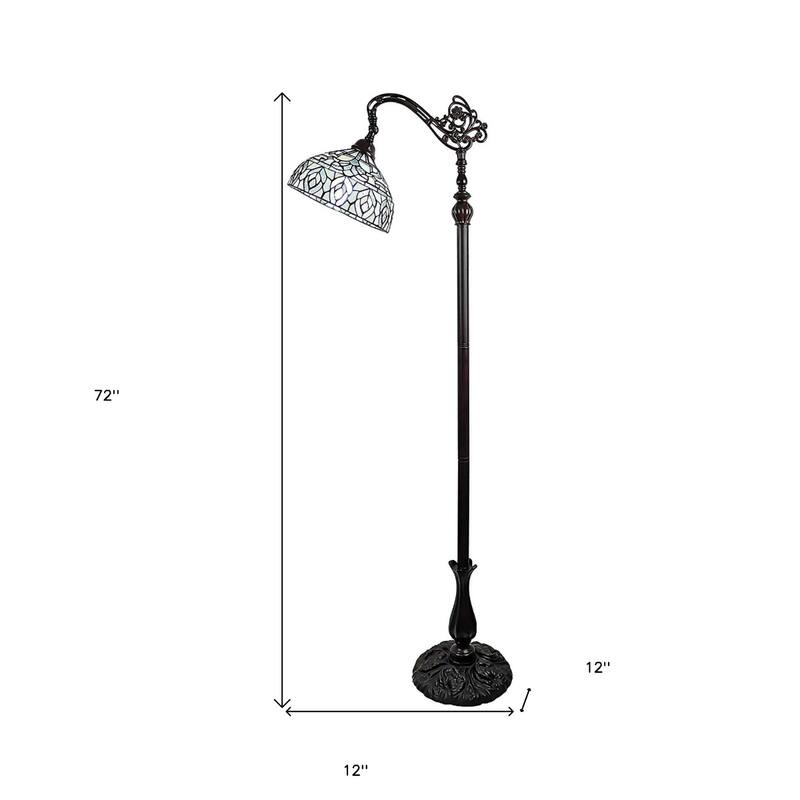 Brown Metal Torchiere Floor Lamp with White Peacock Glass Shade - 12” x 12” x 62” (D x W x H)