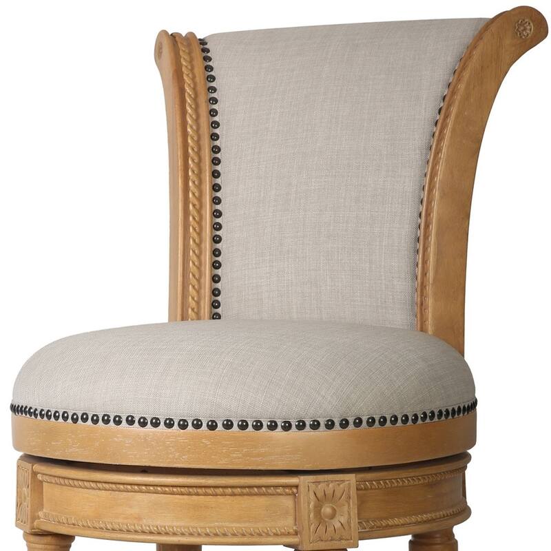 HomeRoots 25" Beige and Natural Fabric and Solid Wood Counter Height Swivel Bar Chair