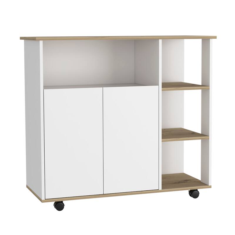Compact Kitchen Island Kamkacht, Light Oak / White, 1 Cabinet, 4 Shelves, Locking Casters for Stability