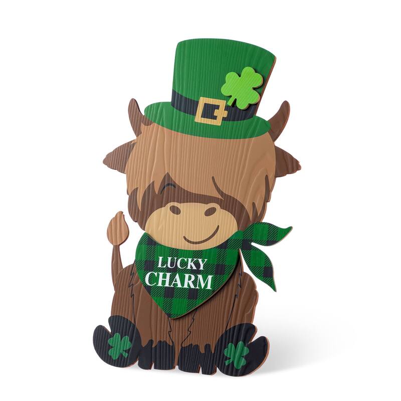 Glitzhome 24"H St. Patrick's Wooden Highland Cow Porch Sign