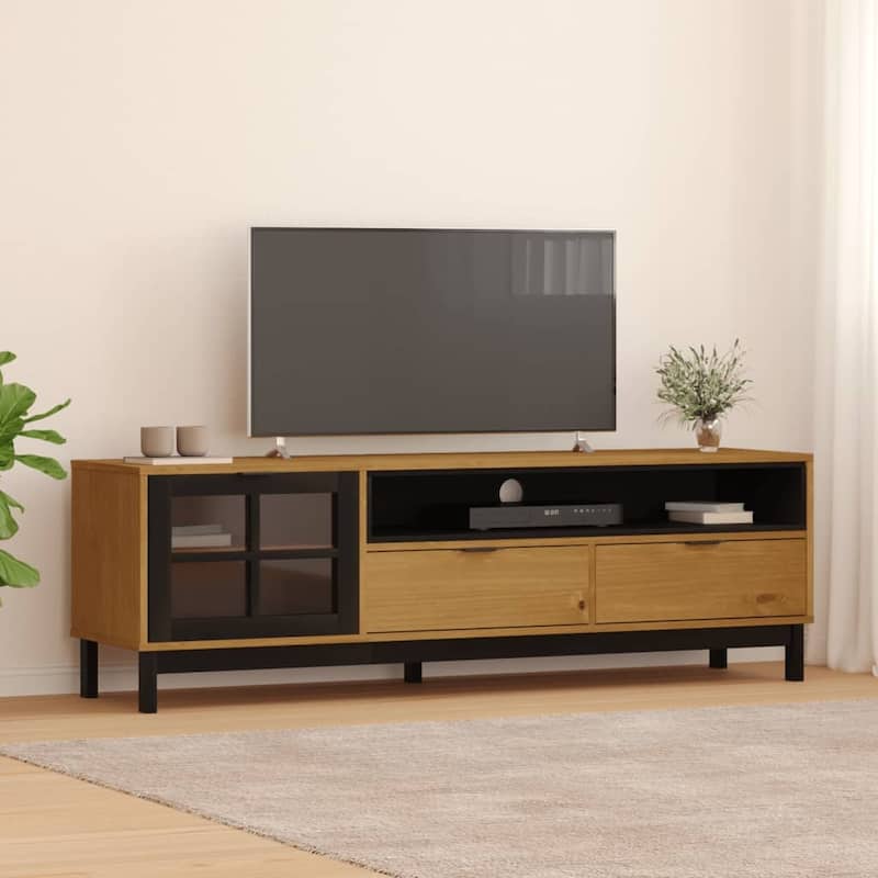 vidaXL TV Stand with Glass Door FLAM 62.2"x15.7"x19.7" Solid Wood Pine - 62.2" x 15.7" x 19.7"