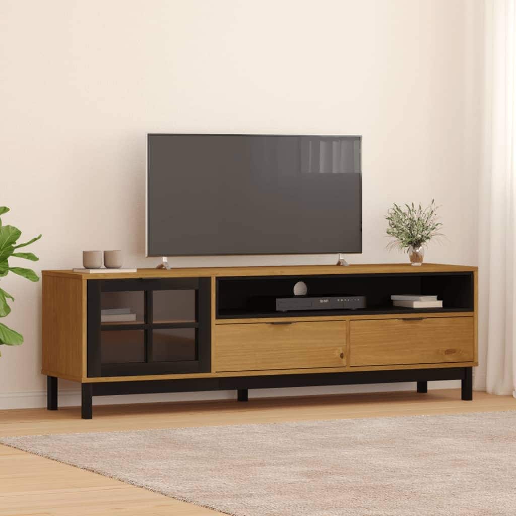 vidaXL TV Stand with Glass Door FLAM 62.2"x15.7"x19.7" Solid Wood Pine - 62.2" x 15.7" x 19.7"