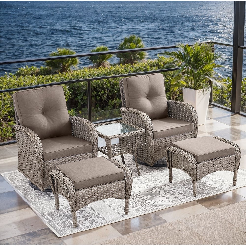Gymojoy 5-Piece Outdoor Wicker Patio Swivel Chair & Ottoman Set, Rattan Coversation Set with Water Resistant Cushions