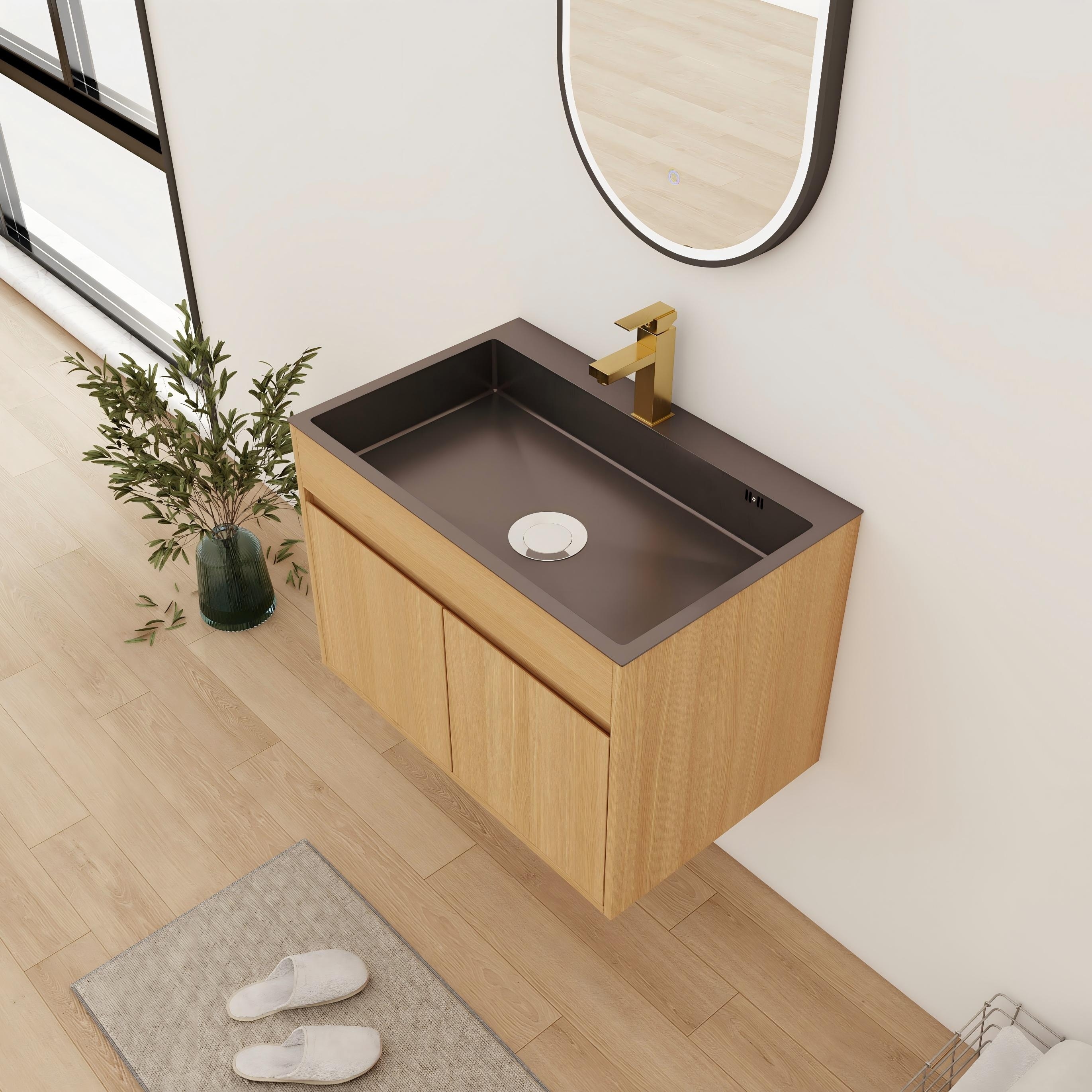 Bathroom Vanity With Stainless Steel Sink In 28 Inch, Floating/Freestanding Bathroom Vanity With 2 Soft Close Doors