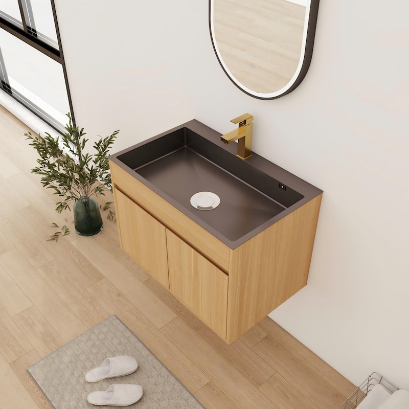 Bathroom Vanity With Stainless Steel Sink In 28 Inch, Floating/Freestanding Bathroom Vanity With 2 Soft Close Doors - 27.4''W×17.6''D×19''H - Beige