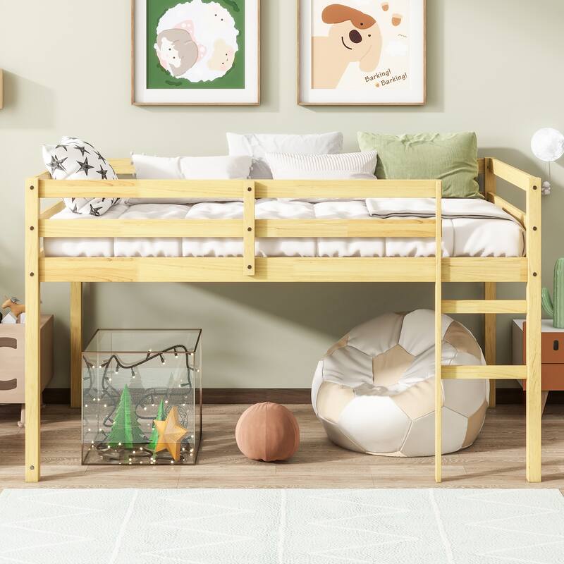 Natural Rubber Wood Twin Loft Bed with Ladder and Strengthened Slats, Low Height Design for Safety - Natural