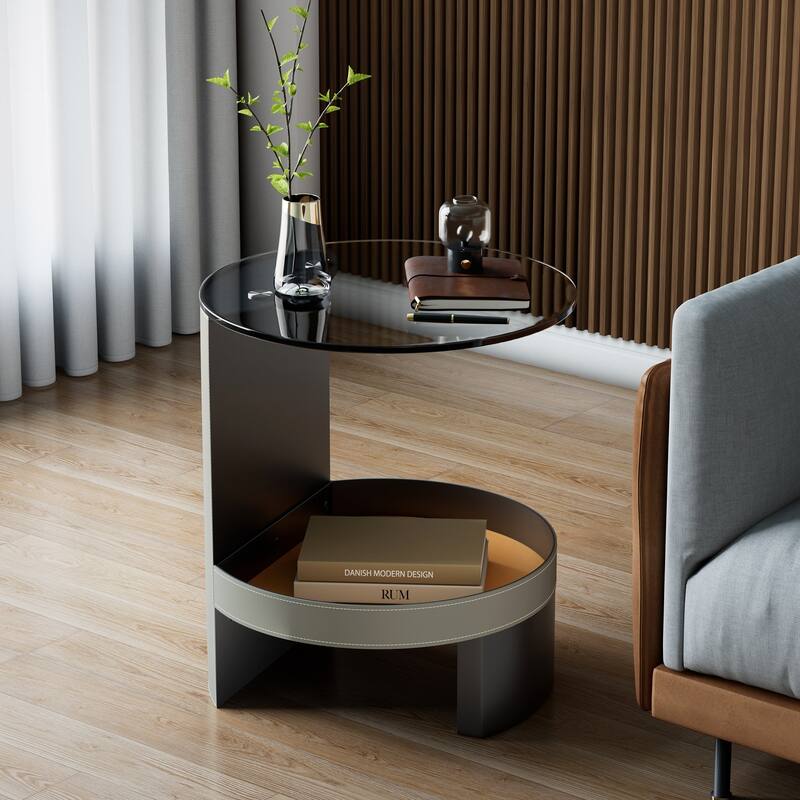 2-Tier Round Side Table Tempered Glass Top Handicraft Saddle Leather Basket - Glass
