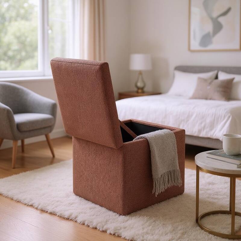 Brown Linen Square Storage Ottoman Footrest with Hidden Compartment for Living Room or Bedroom