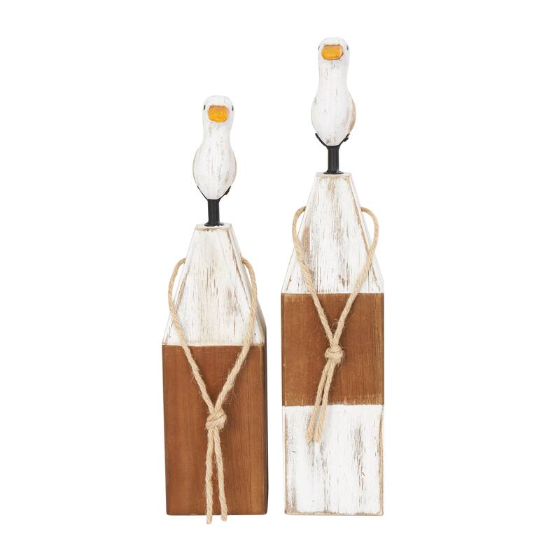 Brown Wooden Bird Decorative Sculpture with White Distressed Buoy Posts (Set of 2)