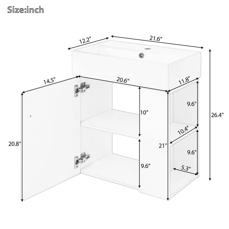 21.6 inch Modern Floating Bathroom Vanity with Ceramic Basin - Perfect for Small Bathrooms, Right Side Storage