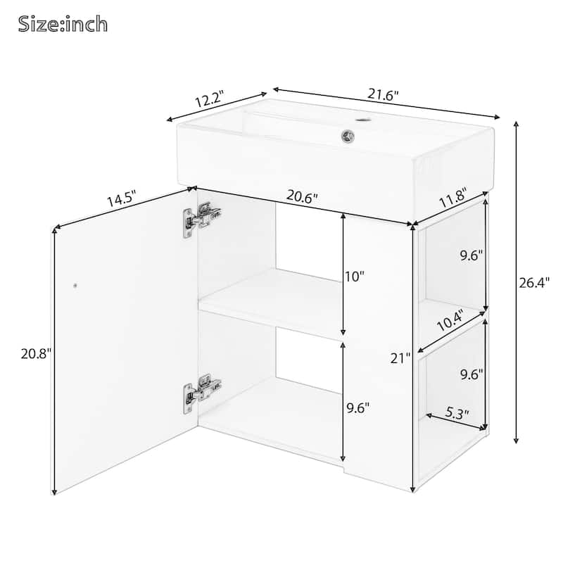 21.6 inch Modern Floating Bathroom Vanity with Ceramic Basin - Perfect for Small Bathrooms, Right side storage