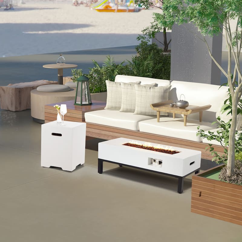 AVAWING 2-Piece 42" Rectangle Concrete Fire Table with Shelves and Tank Holder