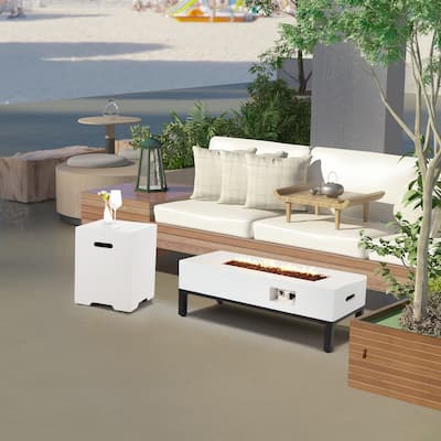 AVAWING 2-Piece 42" Rectangle Concrete Fire Table with Shelves and Tank Holder