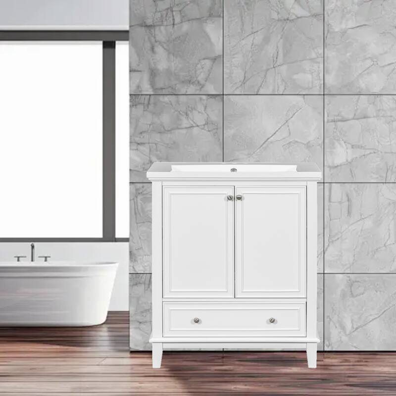Modern 30" Freestanding Bathroom Vanity with Ceramic Sink, 2 Doors, and Adjustable Storage Shelf - White