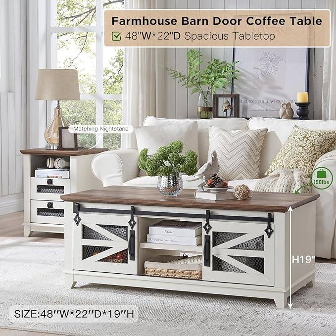 Farmhouse Coffee Table with Storage & Sliding Doors, Cocktail Table