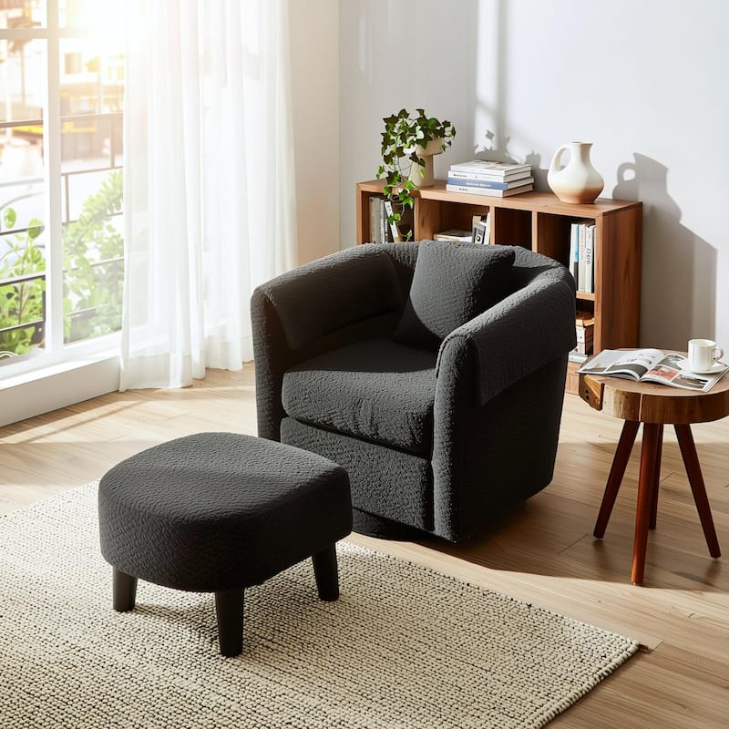 Homy Lin 360° Swivel Chenille Accent Chair with Ottoman,Armrests & Back Pillow, Comfy Living Room Armchair Set for Read or Relax