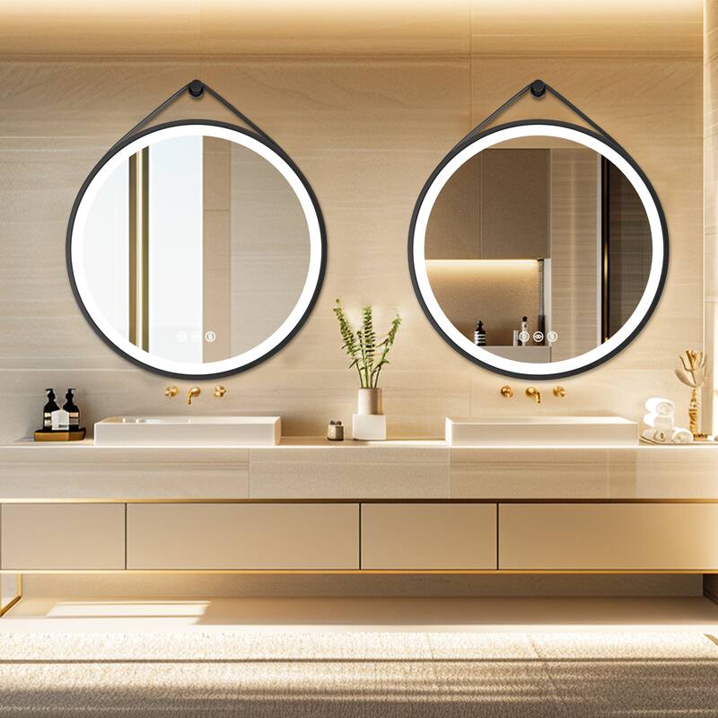 Round Black Framed Bathroom Mirrors Vanity Lighting with Microfiber Leather Hanging Strap