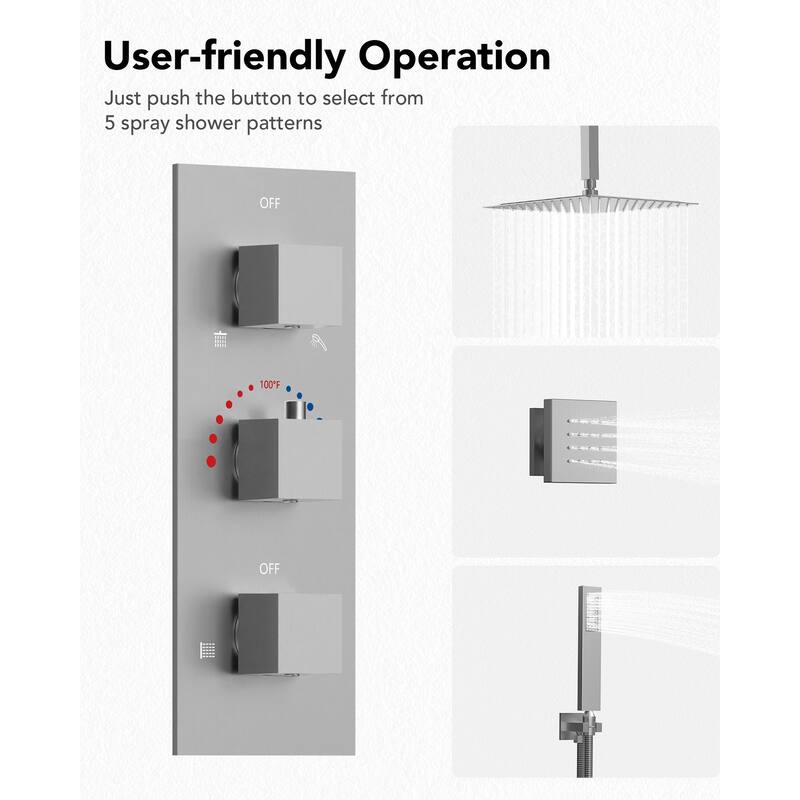 Thermostatic Shower System 12" Rain Shower Head with High Pressure Handheld Spray