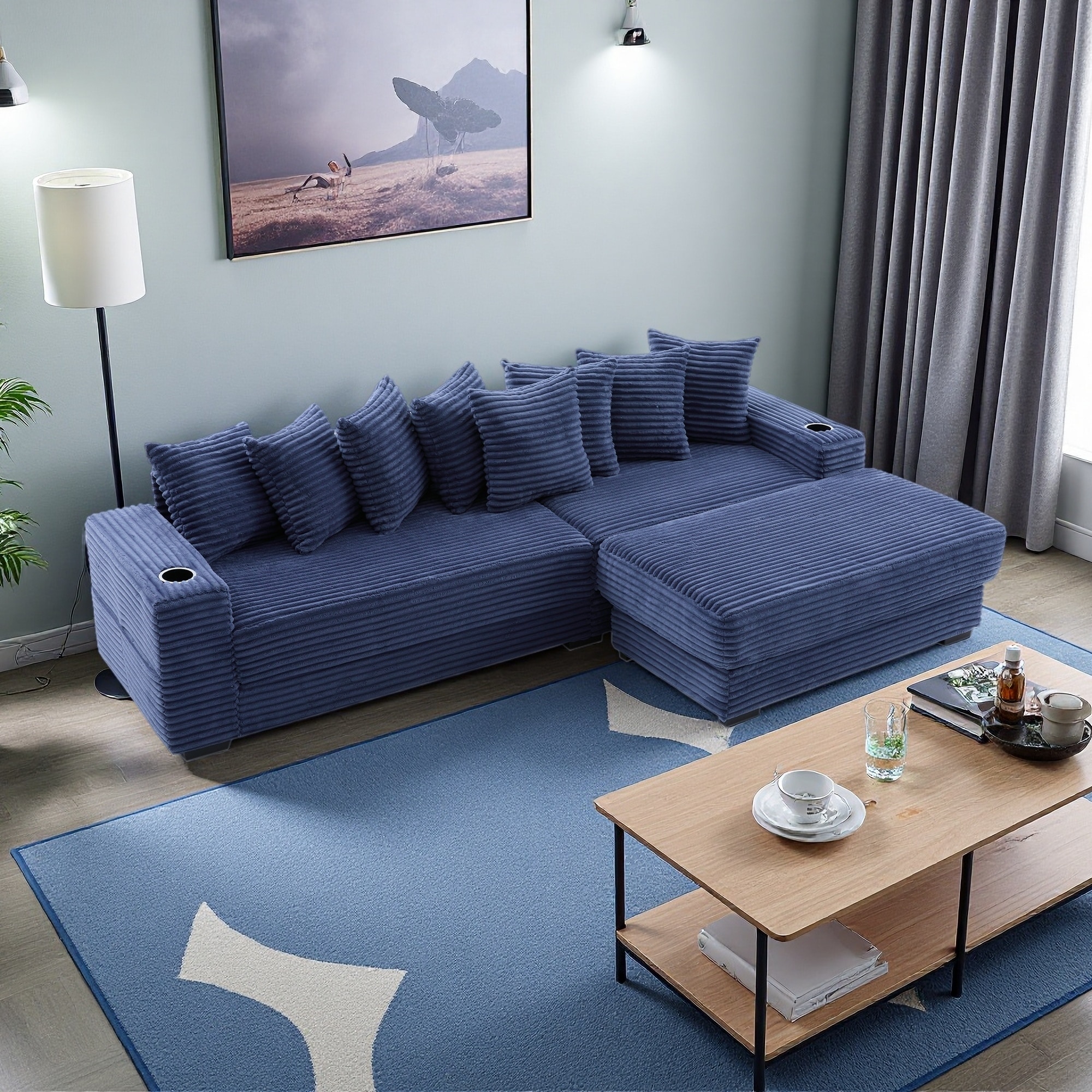 110.75" Corduroy L-Shaped 4-Seater Modular Sofa with Convertible Bed & 8 Pillows