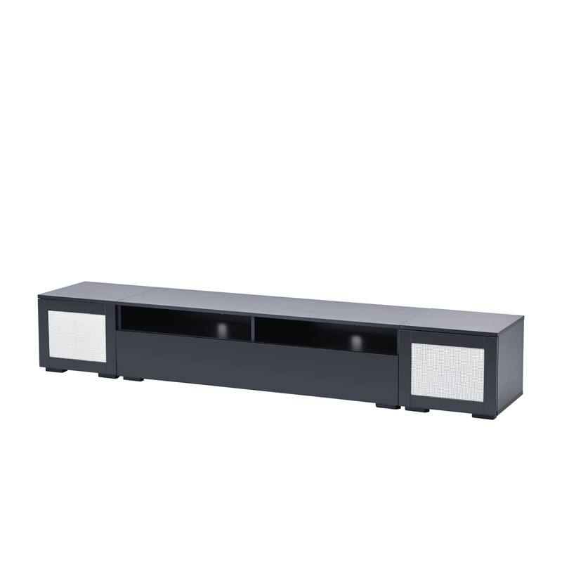 82.6" TV Console Table, Wood Entertainment Center with Push to Open Doors, LED TV Stand with Open Storage for Home Theatre