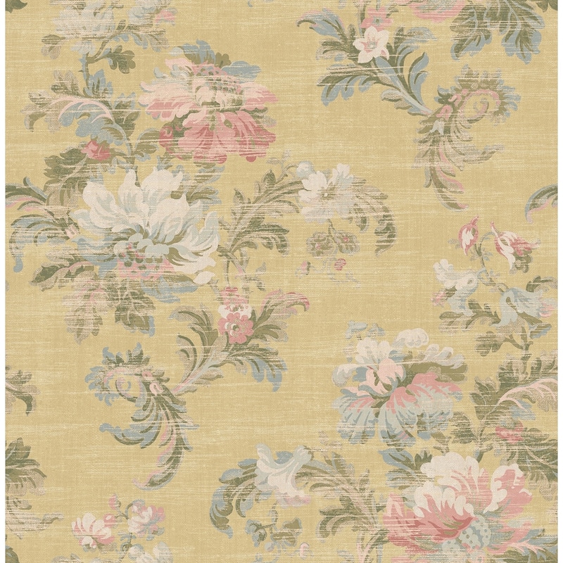 Seabrook Designs Corby Floral Unpasted Wallpaper - 20.5 in. W x 33 ft. L - Metallic Khaki & Posy Pink