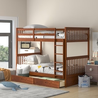 Wooden Bunk Bed Frame with Pull Out Storage Drawers, Headboard, Footboard, Ladder, Full-length Guardrail for Kids, Teens