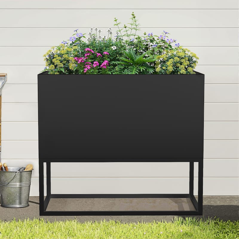 Metal Movable Planter Box with Trellis Privacy Screen Planter Box with Lockable Wheels - Black